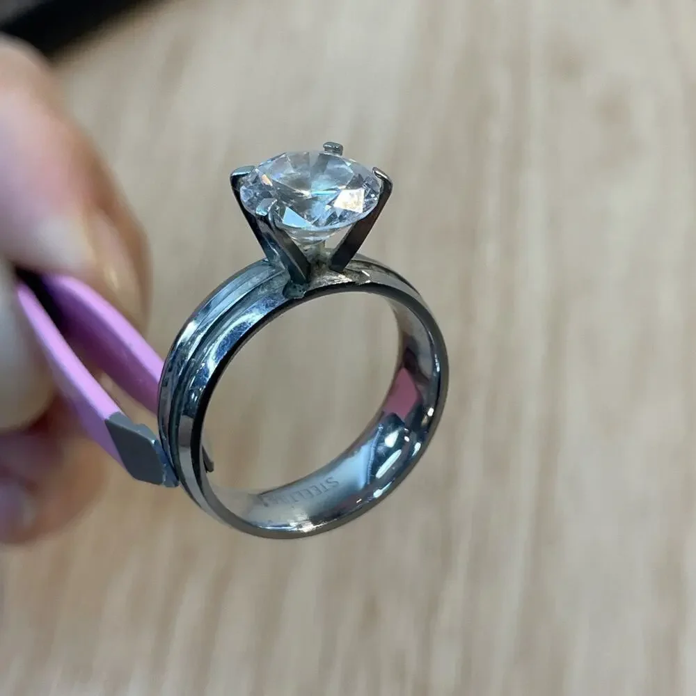 Steeltime Stainless Steel Solitaire Engagement Ring Round Clear CZ Size 7